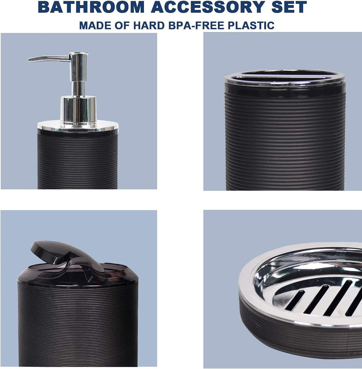 Hillcrest Bathware Spiral-Ribbed Black Plastic Bathroom Accessory Set additional product photo