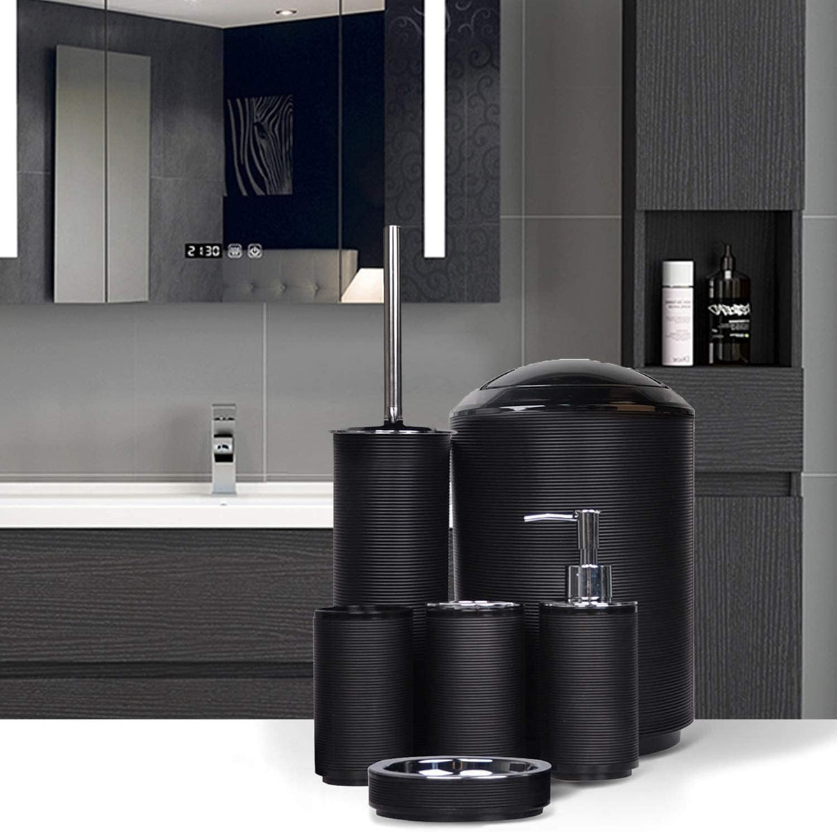 Hillcrest Bathware Spiral-Ribbed Black Plastic Bathroom Accessory Set additional product photo