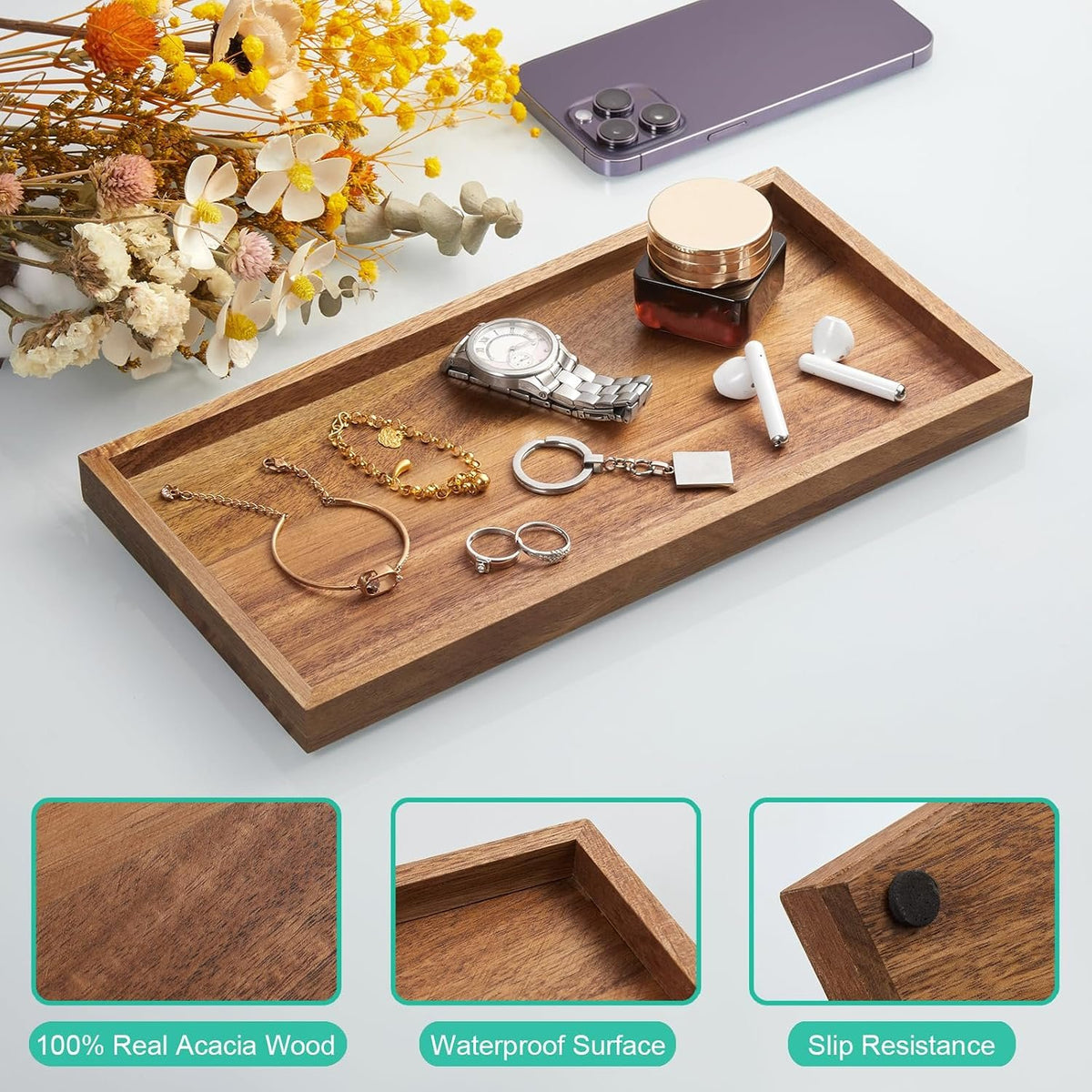 Hillcrest Bathware Acacia Wood Vanity Tray with Raised Edges additional product photo