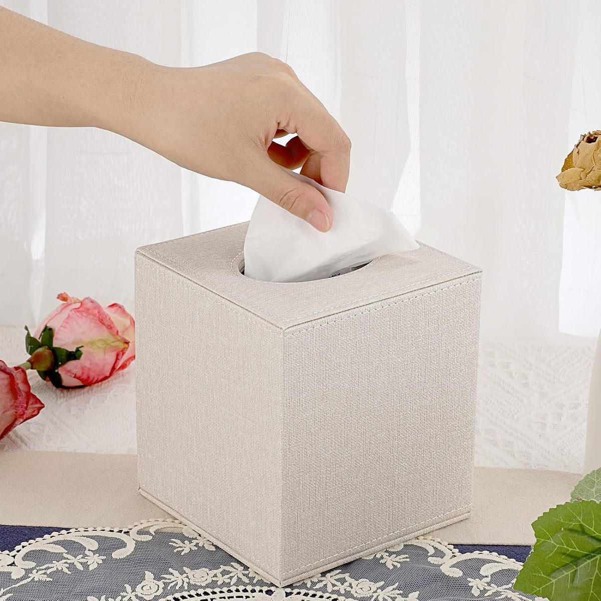 Hillcrest Bathware Beige Linen Square Tissue Box Cover additional product photo