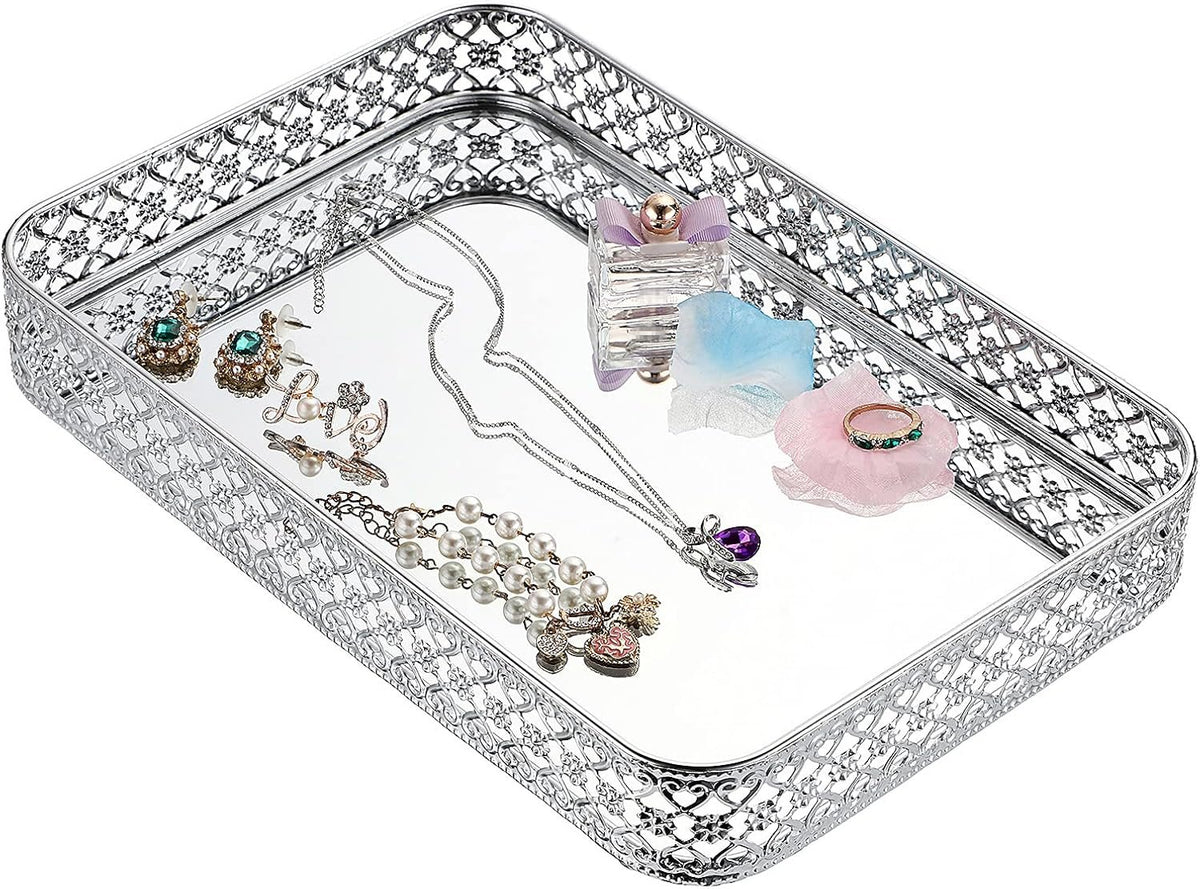 Hillcrest Bathware Silver Mirrored Vanity Tray with Lattice Rim studio product photo
