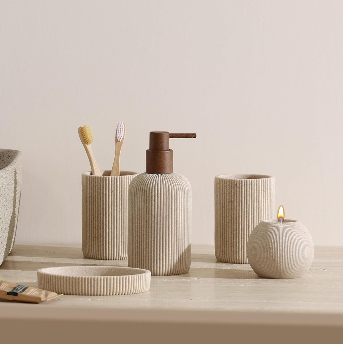 Hillcrest Bathware Ribbed Beige Resin Bathroom Set with Candle Holder additional product photo