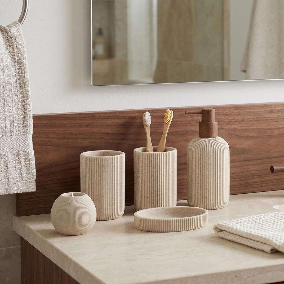 Hillcrest Bathware Ribbed Beige Resin Bathroom Set with Candle Holder additional product photo
