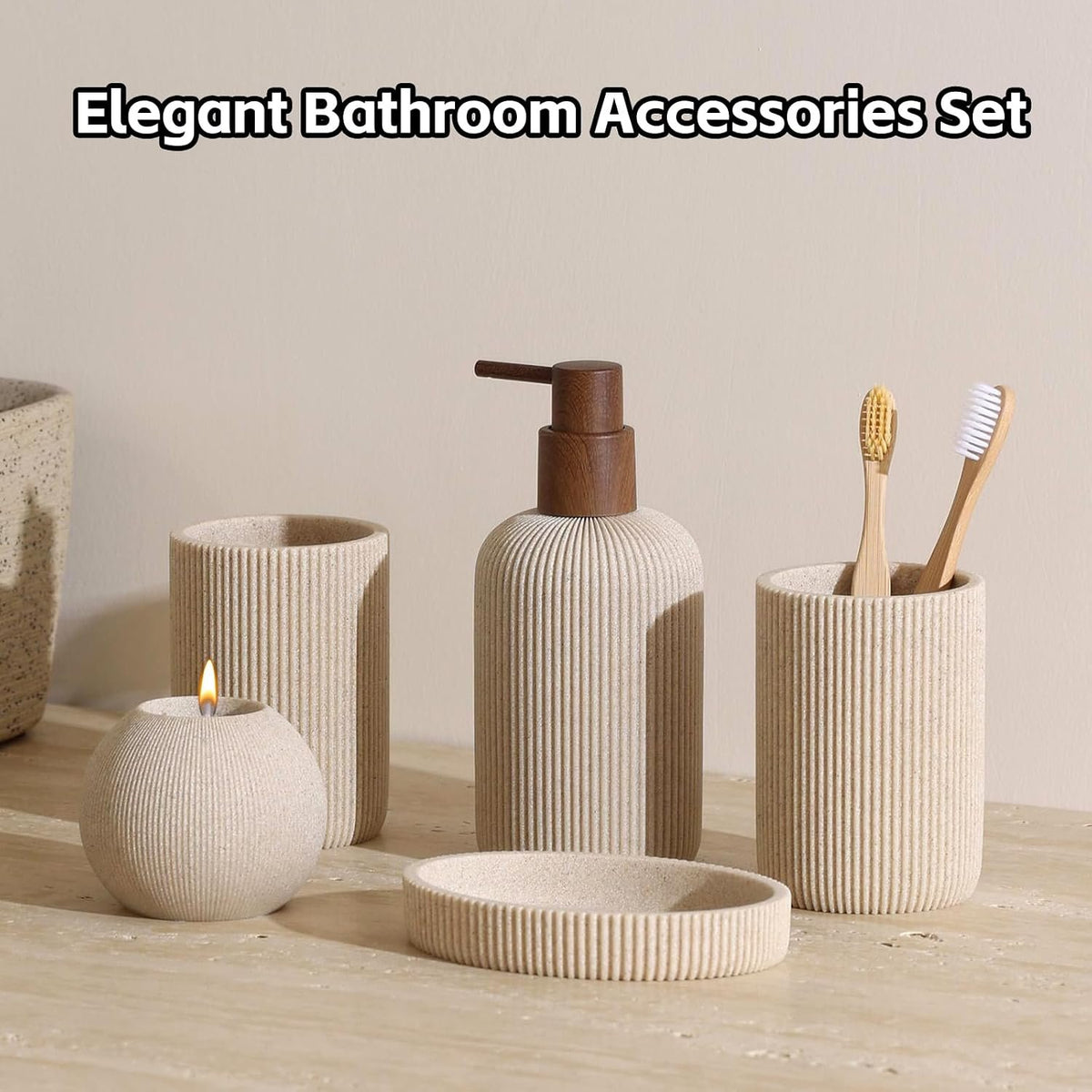 Hillcrest Bathware Ribbed Beige Resin Bathroom Set with Candle Holder additional product photo