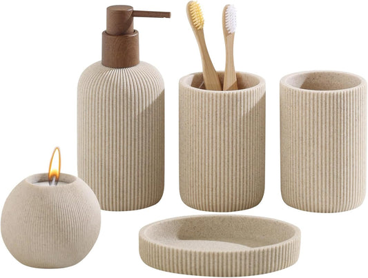 Hillcrest Bathware Ribbed Beige Resin Bathroom Set with Candle Holder studio product photo