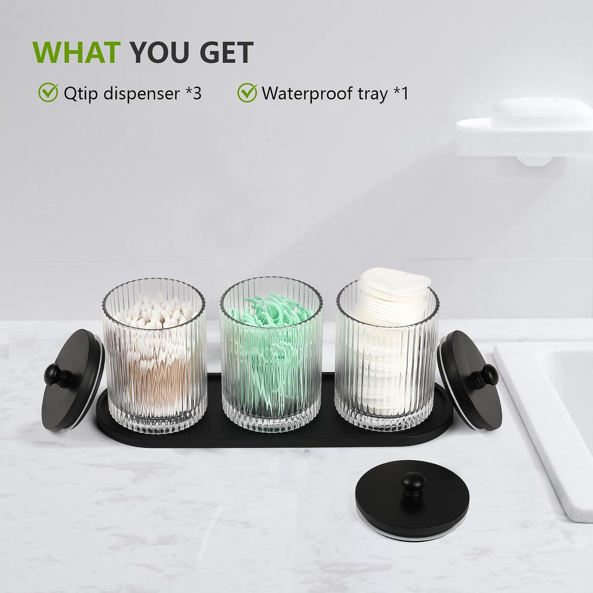 Hillcrest Bathware Ribbed Glass Canister Set with Black Tray additional product photo
