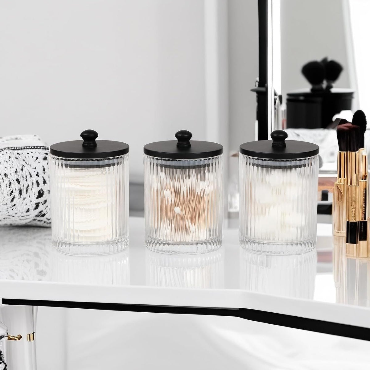 Hillcrest Bathware Ribbed Glass Canister Set with Black Tray additional product photo