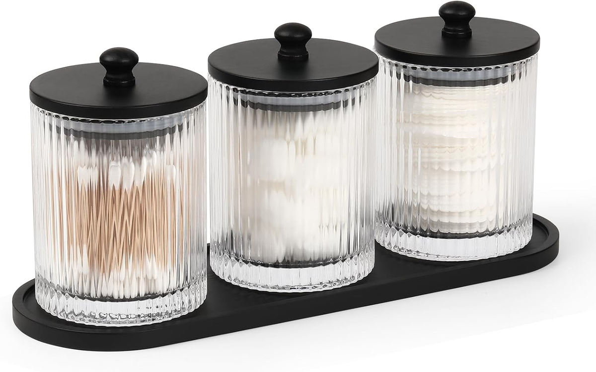 Hillcrest Bathware Ribbed Glass Canister Set with Black Tray studio product photo