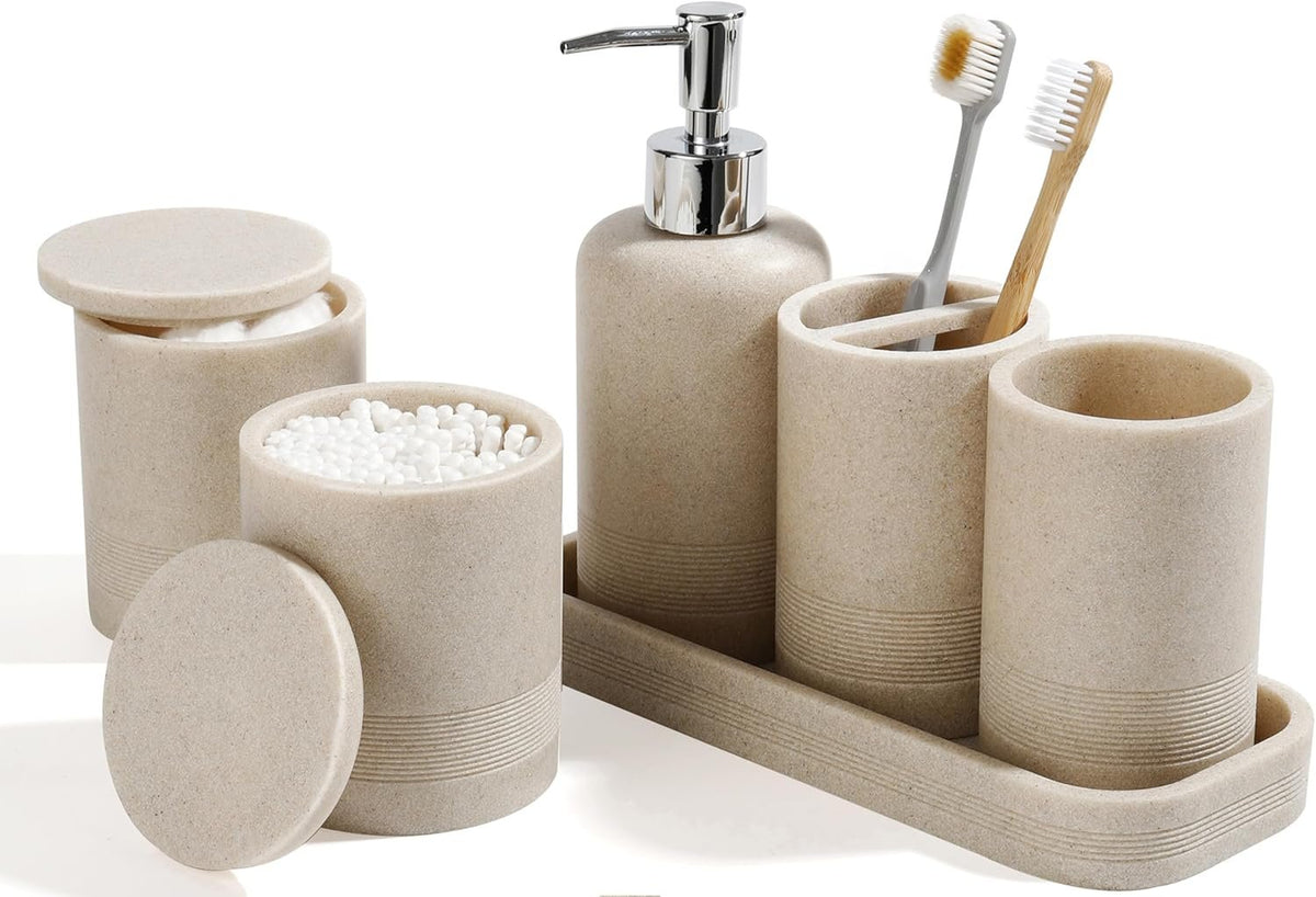 Hillcrest Bathware Stone-Textured Beige Resin Vanity Set with Tray studio product photo