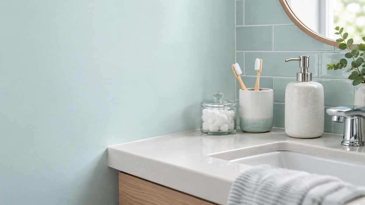A ceramic soap dispenser, toothbrush cup and glass cotton jar on a light bathroom counter beside the sink.