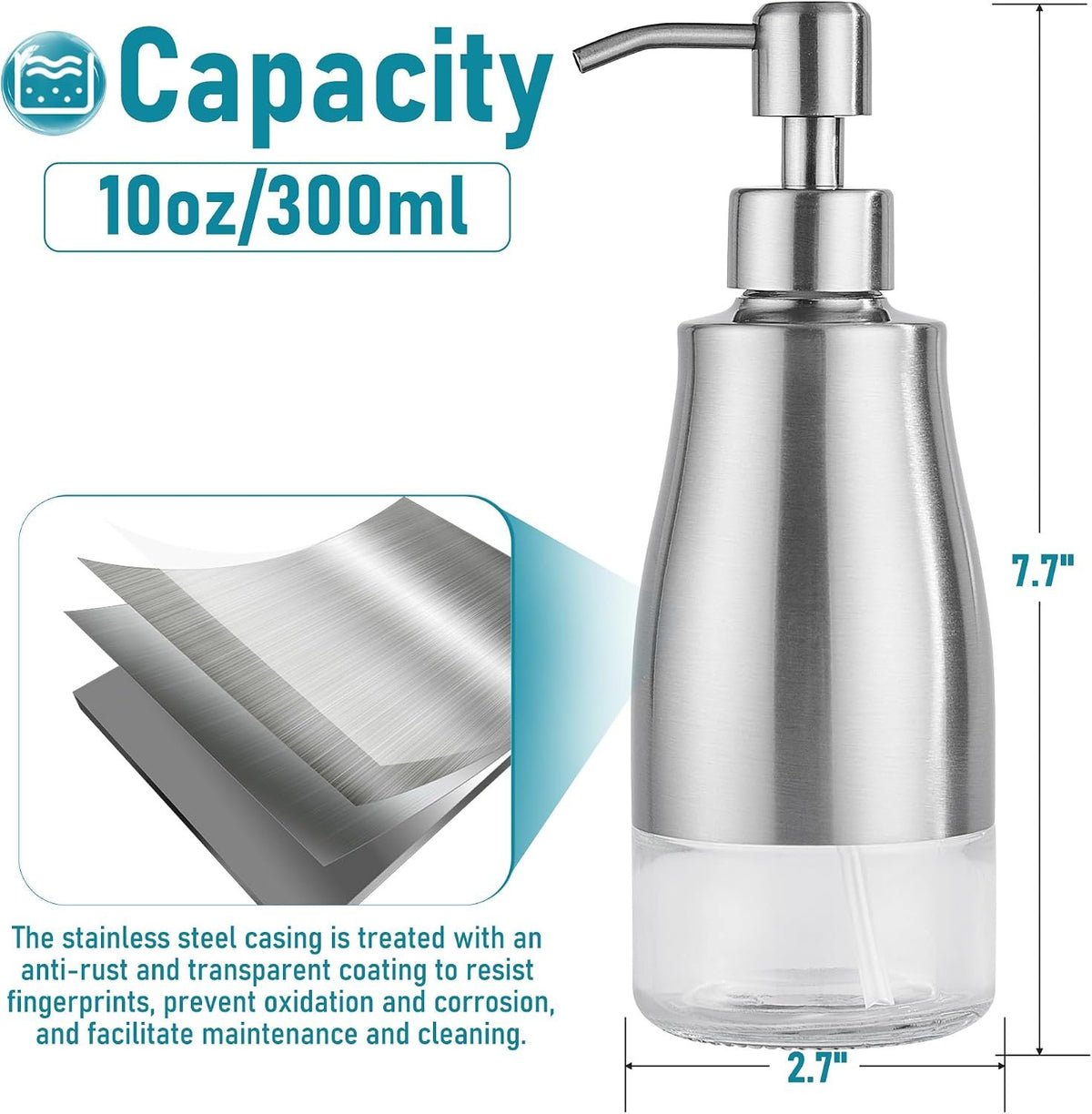 Hillcrest Bathware Brushed Stainless Steel Soap Dispenser with Glass Liner additional product photo