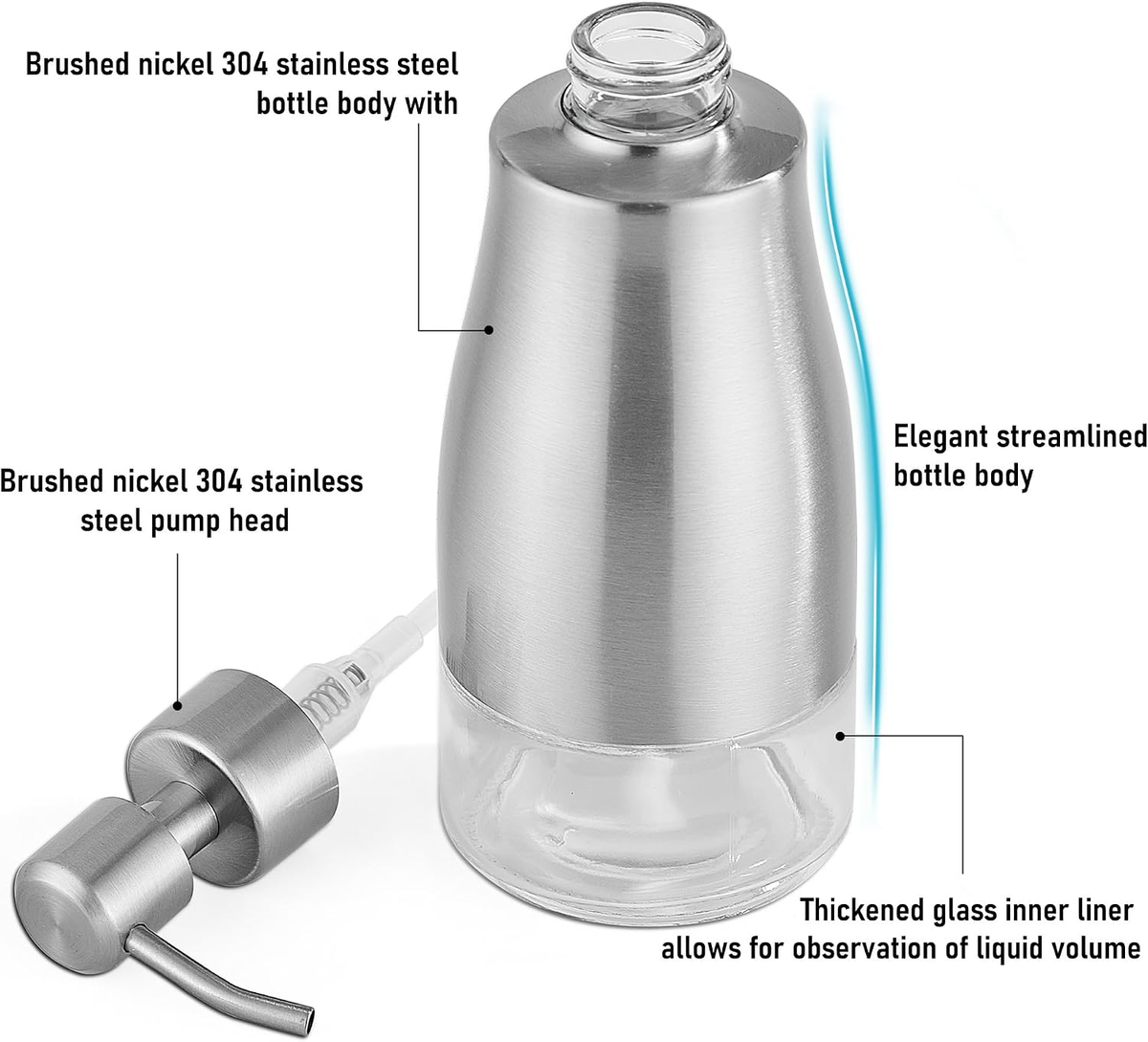 Hillcrest Bathware Brushed Stainless Steel Soap Dispenser with Glass Liner additional product photo