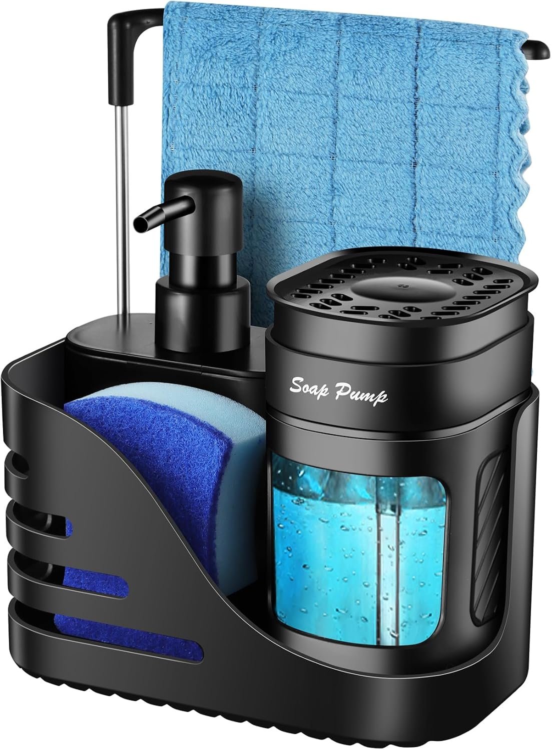 Hillcrest Bathware Black Kitchen Soap Dispenser Caddy with Dishcloth Bar studio product photo