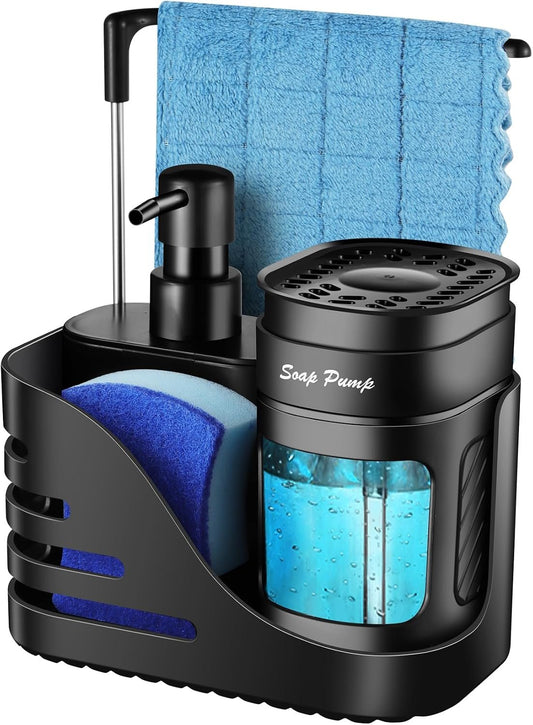 Hillcrest Bathware Black Kitchen Soap Dispenser Caddy with Dishcloth Bar studio product photo
