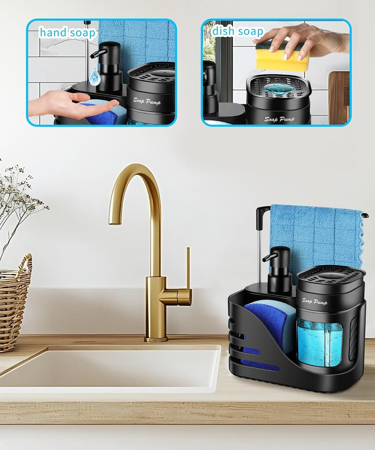 Hillcrest Bathware Black Kitchen Soap Dispenser Caddy with Dishcloth Bar additional product photo