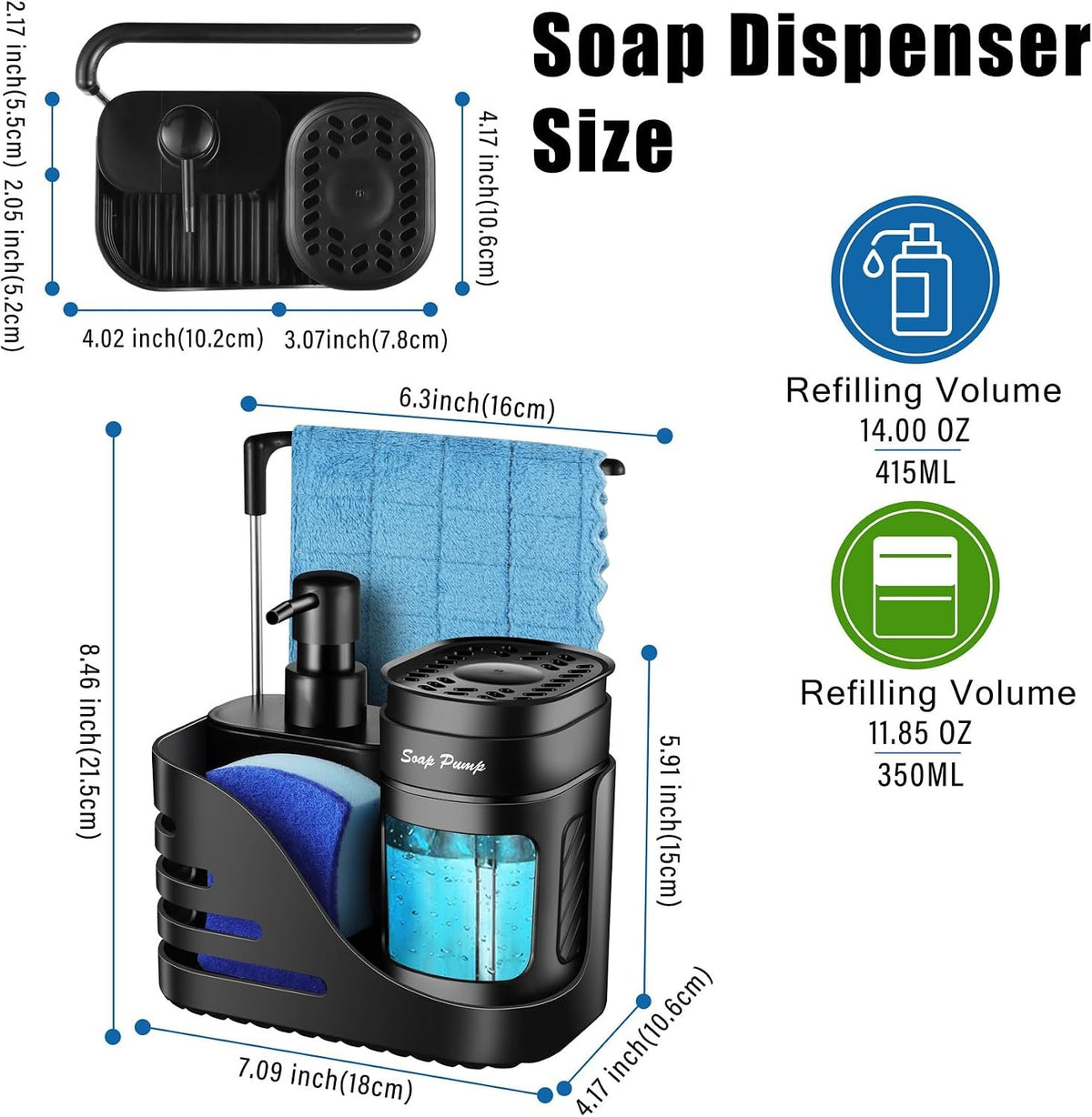 Hillcrest Bathware Black Kitchen Soap Dispenser Caddy with Dishcloth Bar additional product photo
