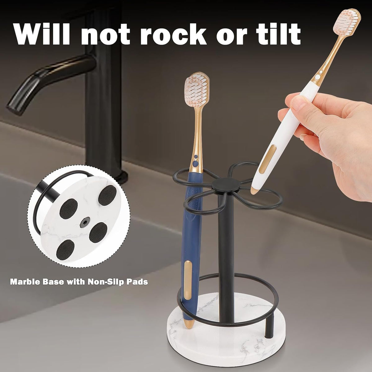 Hillcrest Bathware Matte Black Toothbrush Stand with Marble Base additional product photo