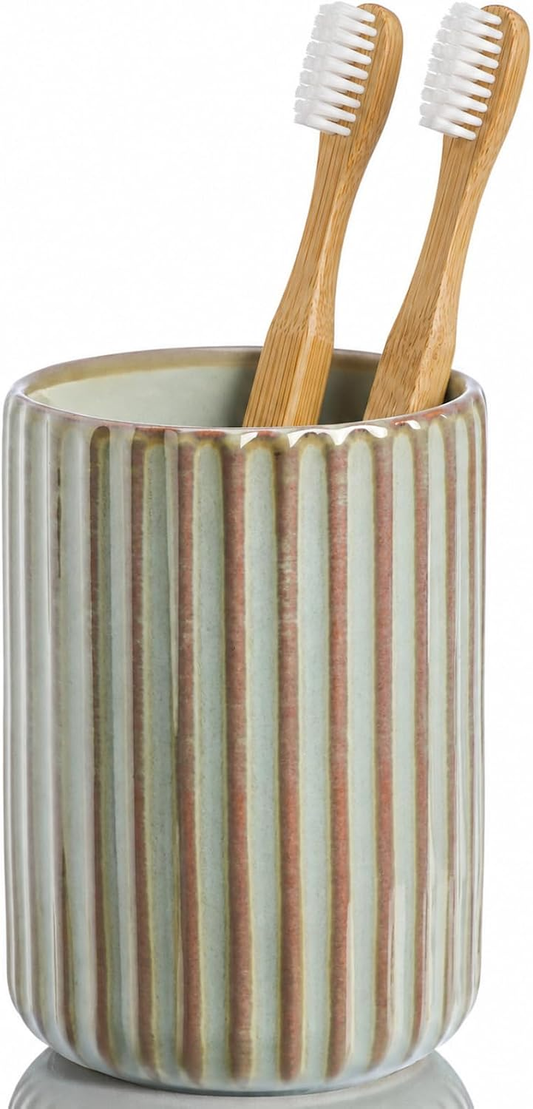 Hillcrest Bathware Ribbed Sage Green Ceramic Toothbrush Cup studio product photo