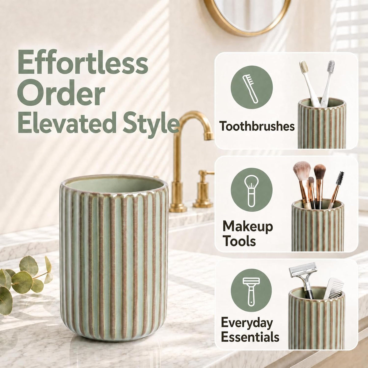 Hillcrest Bathware Ribbed Sage Green Ceramic Toothbrush Cup additional product photo