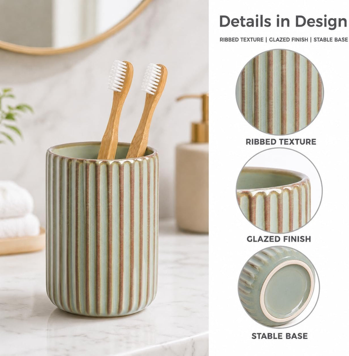 Hillcrest Bathware Ribbed Sage Green Ceramic Toothbrush Cup additional product photo