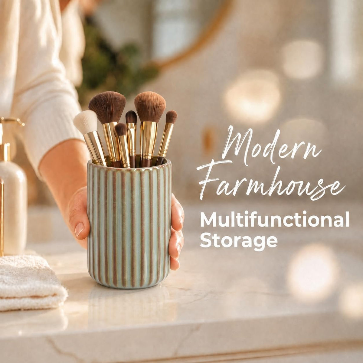 Hillcrest Bathware Ribbed Sage Green Ceramic Toothbrush Cup additional product photo